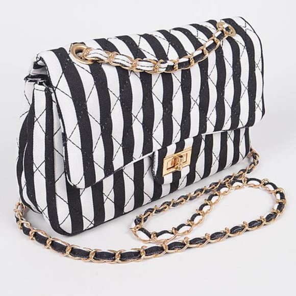 Beige and White Quilted Stripe Shoulder Bag Clutch - Picture 2 of 4